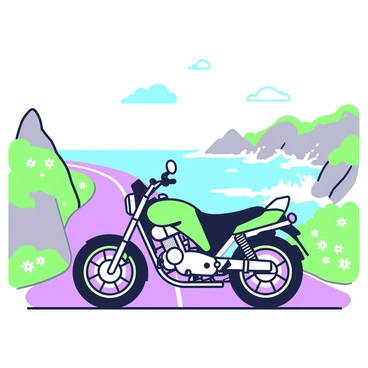A Kawasaki bike is positioned on a winding coastal road. The bike is sleek with defined contours, parked on the shoulder, facing the ocean. In the background, the ocean waves are crashing against rocky formations, creating white frothy sprays. Lush green cliffs rise to the side of the road, dotted with wildflowers. Above, a clear sky is visible, with a few scattered clouds enhancing the scene. The sunlight reflects off the bike's metallic surface, creating a vibrant focal point in the image.