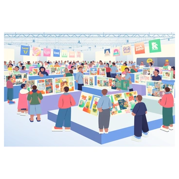 A large convention hall is filled with artists showcasing their work. In the foreground, several illustrators are standing at their booths, presenting colorful fan art inspired by various popular media, such as movies, video games, and books. Each booth features vibrant displays of artwork, including prints and original pieces. Attendees are browsing the booths, stopping to admire the art and engage in conversation with the illustrators. Banners hanging from the ceiling display the names of different franchises, and there are clusters of people exchanging ideas and discussing their favorite characters and stories. The atmosphere is lively and energetic, with a sense of community among fans and artists alike.