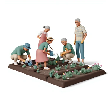 A group of five seniors working together in a community garden. One senior man, wearing a blue hat and gardening gloves, is kneeling and planting seeds in a row of soil. A senior woman next to him, dressed in a green shirt and khaki pants, is holding a watering can and is ready to water the newly planted seeds. Another senior, wearing a red apron and a straw hat, is using a trowel to dig in a nearby patch. A fourth senior woman, with gray hair tied back, is picking up weeds, while the last senior man, wearing a plaid shirt and jeans, stands nearby, smiling as he admires their progress. The garden is filled with rows of soil, various vegetable plants, and colorful flowers surrounding them.