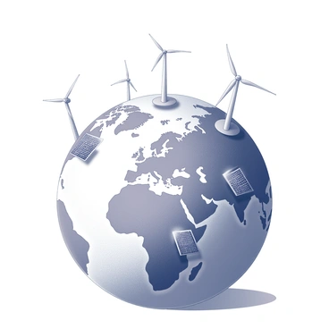 A globe displayed on a flat surface. The globe has detailed geographical features, showing continents and oceans clearly. Scattered across the surface of the globe are several wind turbines, with tall, slender towers and large, rotating blades. In addition, multiple solar panels are positioned on various landmasses, featuring a rectangular shape and a grid-like pattern. The overall composition presents a harmonious blend of renewable energy elements integrated into the Earth's representation.