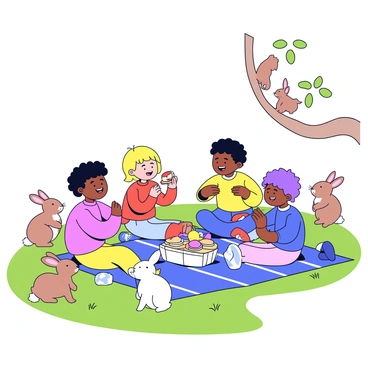 A group of children sitting on a colorful picnic blanket spread on green grass. The children are laughing and sharing food from a picnic basket filled with sandwiches and fruit. Nearby, a few friendly rabbits with soft fur and bushy tails are curiously approaching the picnic. A couple of squirrels with fluffy tails are playfully climbing on the nearby tree branches, watching the children. The sky above is clear and bright.