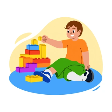 A young child with short brown hair is sitting on a soft blue carpet. In front of them is a vibrant assortment of Lego bricks in various colors such as red, yellow, blue, and green. The child is concentrating intently as they carefully place a bright yellow piece at the top of a colorful tower. Their small hands are positioned delicately, ensuring each piece fits perfectly. The tower is several layers high, showcasing a mix of colors that creates a playful and cheerful structure. The room has warm lighting that emphasizes the joyful atmosphere of creativity.