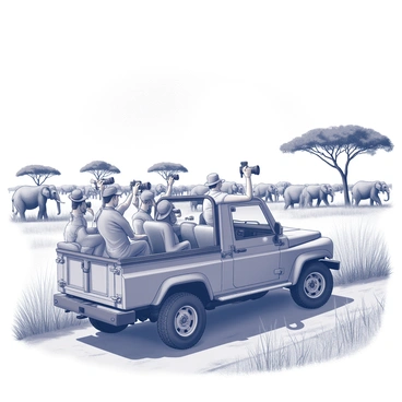 A group of tourists is seated in an open safari jeep. Each person holds a camera, focused and ready to capture wildlife. The jeep is parked on a dirt path surrounded by tall grass and acacia trees. In the distance, a herd of elephants is visible, some grazing and others interacting. The sun is shining brightly overhead, casting shadows from the trees onto the ground. The tourists display a range of expressions, from excitement to concentration, as they aim their cameras towards the wildlife.