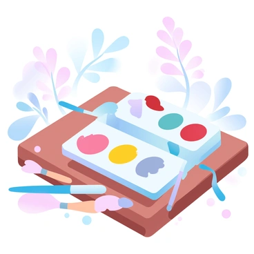 An artist's palette lies on a wooden table, covered with various paint blobs inspired by flower hues. There are vibrant shades of pink, soft lavenders, sunny yellows, rich reds, and deep blues, each representing different flowers. Surrounding the palette are small paintbrushes, some with freshly applied paint. In the background, there are blurred silhouettes of flower stems and leaves, suggesting a garden setting. The entire scene is filled with gentle gradient pastel colors, creating a harmonious visual flow.