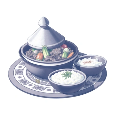 A traditional Moroccan tagine is presented on a decorated table. The tagine pot, with its conical lid, is filled with a variety of succulent meats, such as lamb or chicken, alongside an array of colorful vegetables. Fluffy couscous is served in a distinct bowl nearby, garnished with herbs. Spices are visible, scattered around the dish, adding to the rich visual textures. The setting includes intricate tile patterns and woven textiles, enhancing the cultural essence of the meal.
