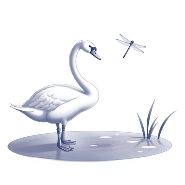 A swan with a graceful pose stands near the edge of a body of water. Its head is tilted slightly, showcasing its interest as it watches a dragonfly in mid-flight. The dragonfly darts above the water surface, its wings appearing delicate and transparent. The water is disturbed with small ripples reflecting the swan and dragonfly's movements. Surrounding the scene are a few reeds and grasses that frame the interaction between the curious swan and the agile dragonfly.