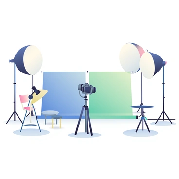A photography studio is arranged with softboxes and umbrella lights positioned at various angles. There are two smooth, colorful backdrops—one blue and one white—set up behind the lighting equipment. A sleek, black camera is mounted on a sturdy tripod in the center of the studio. There are several light stands, each holding different types of lighting equipment, casting soft shadows on the floor. A few props are scattered around, including a small table and chairs, ready for the next photoshoot.