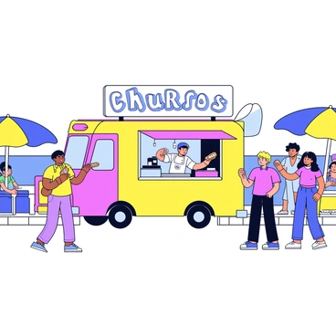 A vibrant food truck painted in bright colors stands on a busy boardwalk. The truck features a large sign that reads "Fresh Churros" in bold, playful letters. An open window shows a chef wearing a white apron, skillfully frying churros in hot oil. A golden-brown churro, dusted with sugar, is being handed to an eager customer. Surrounding the truck, people stroll by, enjoying the sunny day, while colorful beach umbrellas and people sitting on benches create a lively atmosphere.