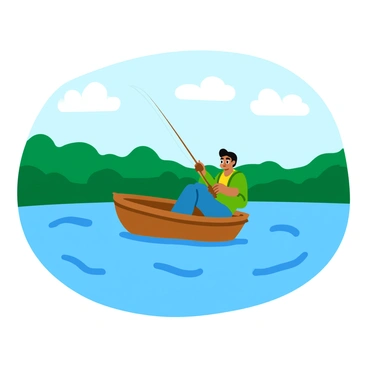 A person with a relaxed posture sitting in a small wooden boat on a calm lake. The boat is gently floating on the water, which reflects soft ripples. The person is holding a fishing rod, with a focused expression. Above, the sky is filled with fluffy gray clouds, creating a tranquil atmosphere. Surrounding the lake are lush green trees, adding to the serene setting. The scene conveys a sense of peaceful leisure in nature.