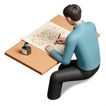 A skilled calligrapher, wearing a blue shirt and black trousers, is focused on creating elegant letters on a piece of vintage parchment paper. The calligrapher is seated at a wooden table with a bottle of ink and a fine-nib pen beside them. The surface of the parchment is adorned with intricate swirls and artistic flourishes, showcasing the elegance of the letters being formed. Bright natural light spills onto the scene, illuminating the details of the calligraphy as the calligrapher's hand moves gracefully across the paper.
