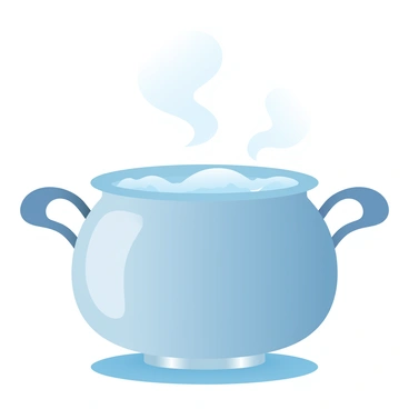 A pot filled with water is placed on a stovetop. The pot is metallic and shiny, reflecting the ambient light around it. The water inside is bubbling vigorously, creating small waves and ripples on the surface. Steam is rising from the pot, forming wispy tendrils that drift upwards into the air. The background features a simple kitchen setting, with muted colors that complement the scene.