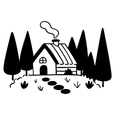 An isolated cabin nestled among tall trees, with a wooden structure featuring a slanted roof. Smoke is curling upward from the chimney, surrounded by a scattering of pine needles on the ground. A stone path leads to the cabin's door, and the forest is dense with various shapes of trees in the background. The overall scene suggests tranquility and seclusion within nature.