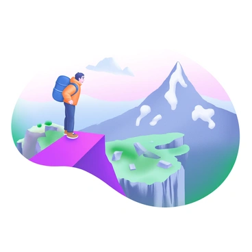 A modern pastel illustration featuring a hiker standing at the peak of a mountain. The hiker is wearing a bright orange jacket and a blue backpack. They are gazing down at the vast drop below, with a look of trepidation on their face. The mountain peaks in the background are capped with snow. Below the peak, a steep drop shows rocky terrain and patches of greenery. The sky is painted in soft pastel hues, transitioning from light blue to pink, creating a serene atmosphere around the scene.