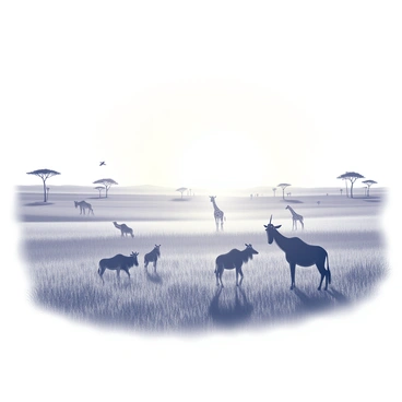 A wide expanse of savannah with tall grasses swaying gently in the breeze. Several animals, including a herd of wildebeest and a few giraffes, are scattered across the landscape, calmly grazing on the vegetation. The sun is setting in the distance, casting elongated shadows and creating a warm glow that highlights the contours of the animals. Silhouettes of acacia trees can be seen on the horizon, adding depth to the scene while a few birds fly overhead, completing the serene atmosphere of this natural environment.