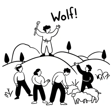 A shepherd boy standing on a hilltop, wearing a simple tunic and holding a wooden staff. He raises his arms and shouts the words "Wolf!" to a group of villagers gathered below. The villagers, depicted in various postures, look up with expressions of surprise and curiosity. In the background, rolling hills and a few scattered trees create a pastoral scene. A few sheep are grazing nearby, adding to the rural setting.