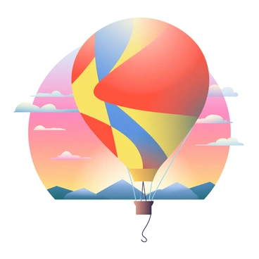 A large gas balloon with a bright red, yellow, and blue pattern is floating in the sky. The balloon is tethered to a thin, white string that trails down. In the background, a vibrant sunset fills the sky with shades of orange, pink, and purple. Wispy clouds are illuminated by the sunlight, adding texture to the scene. The silhouette of distant mountains is visible at the horizon, completing the picturesque view.