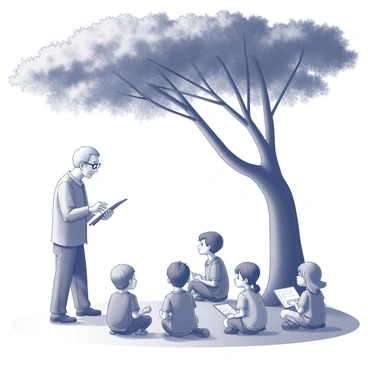 An elderly person stands under the shade of a large, leafy tree, imparting knowledge to a group of attentive children. The elderly figure has gray hair and wears glasses, with a gentle smile on their face. The children, varying in age, sit on the grass in a semicircle, their expressions showing curiosity and engagement. Some children are looking at the elderly person while others have notebooks or drawing pads in their laps, ready to learn. Sunlight filters through the tree leaves, casting dappled shadows on the ground.