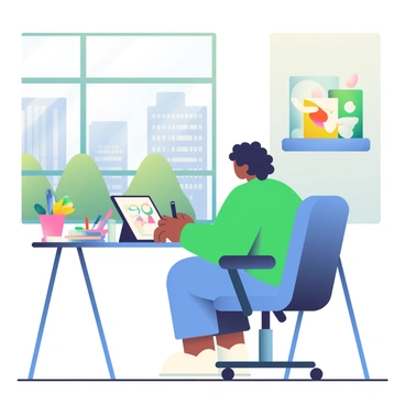 An illustrator with medium skin and curly black hair is sitting at a sleek desk in a modern Vancouver office. They are focused on their digital tablet, drawing with a stylus in their right hand. The desk is cluttered with art supplies, including colored pens, sketchbooks, and a vibrant potted plant. Behind the illustrator, large windows reveal a view of contemporary buildings and green trees outside. The office has a minimalist design, featuring a light wood floor and white walls adorned with colorful artwork. A comfortable ergonomic chair supports the illustrator as they work.
