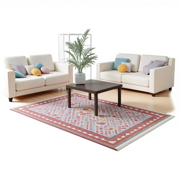 A vibrant, patterned rug spread across the living room floor, adding a splash of color
