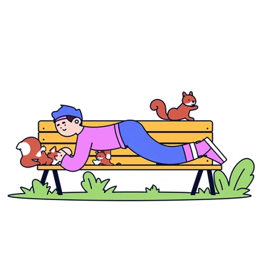 A person in athletic wear performing a plank on a wooden park bench. The person is positioned horizontally with their elbows resting on the bench and feet on the ground. Nearby, two playful squirrels are interacting with each other, one climbing the bench while the other sits on the grass below. The setting includes green grass and a few trees in the background.