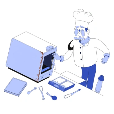 A chef is standing in a kitchen, reaching into an old, worn-out kitchen appliance with a tool in hand. The chef has a shocked expression on their face as they receive a humorous electric shock, with their hair standing on end. The appliance is an outdated model, with visible rust and peeling paint. Kitchen utensils are scattered around, and a cookbook lies open on the counter, suggesting an attempt at cooking. The scene conveys a playful mishap in a bustling kitchen environment.