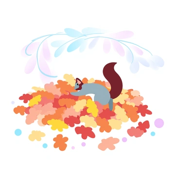 A pile of colorful autumn leaves in various shades of orange, yellow, and red is spread across the ground. A squirrel is scurrying through the leaves, its fur a mix of grey and brown. The squirrel is in mid-motion, causing the leaves to scatter around it. Sunlight filters through the branches above, highlighting the vibrant colors of the leaves and casting soft shadows on the ground.