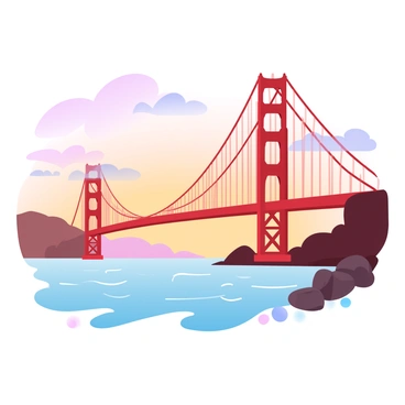 The "Golden Gate Bridge" is towering majestically with its iconic orange-red color. The bridge's intricate cables are visible against the sky. The sunset is filled with "vibrant hues of orange, pink, and purple" blending seamlessly. Below, the "calm waters" of the bay reflect the colors of the sky and the silhouette of the bridge. Wispy clouds scatter across the horizon, adding texture to the "sunset sky." Shoreline details, such as "silhouetted trees" and "rocks," can be seen framing the scene.