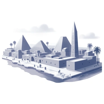 A view of an ancient Mesopotamian city along the banks of the Euphrates River. The skyline features tall, stepped ziggurats made of mud bricks, rising prominently against the horizon. There are several structures with flat roofs, interconnected by narrow alleyways. People are depicted walking along the streets, engaged in various activities such as trade and farming. The scene includes palm trees scattered throughout the city, providing shade and adding to the landscape. The Euphrates River flows gently alongside, with boats anchored at the riverside. Dust clouds can be seen rising from the ground as merchants and citizens go about their daily lives.