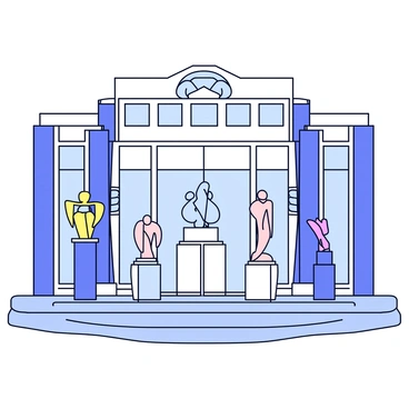 A city museum with a distinctive art deco design. The building features geometric patterns and ornate motifs, characterized by smooth lines and metallic accents. Large glass windows allow natural light to illuminate the interior. Inside, several abstract sculptures are displayed on pedestals of varying heights. The sculptures have sleek forms and are made from materials such as marble and polished metal. The floor is a polished stone surface with a decorative pattern that complements the overall design of the museum.