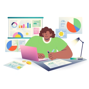 An artist with light brown skin and curly hair is sitting at a wooden table, actively engaging in budgeting. She is surrounded by various colorful pie charts, each representing different aspects of her budget. Bright blues, reds, and yellows dominate the charts. Beside her, there are whimsical doodles of art supplies and dollar signs scattered around the workspace. She is using a green marker to add notes to the charts. A laptop is open in front of her, displaying a spreadsheet, and there are sheets of paper filled with sketches and calculations nearby. A warm light from a desk lamp highlights her focused expression.