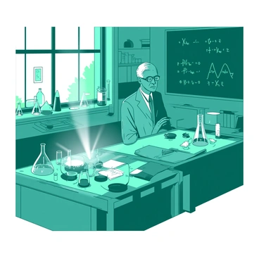 A teal laboratory filled with various scientific equipment from the 1920s. C.V. Raman, a distinguished figure with glasses and a thoughtful expression, is focused on an experiment involving light. He is standing beside a large wooden table cluttered with glass beakers, prisms, and a light source emitting a bright white beam. The walls are lined with shelves holding books and additional tools, while a large window allows soft natural light to illuminate the space. A chalkboard in the background features complex equations and diagrams related to light experiments.