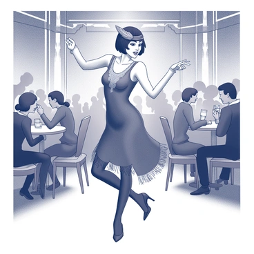 A lively flapper woman is dancing energetically in a crowded 1920s jazz club. She is wearing a fringe-detailed dress that sways with her movements, while her bobbed hair is adorned with a headband featuring a decorative feather. The background features walls decorated with intricate art deco patterns, characterized by geometric shapes and lines. Tables are scattered throughout the club, and patrons dressed in period attire are enjoying the music, creating a vibrant atmosphere filled with the spirit of the Roaring Twenties.