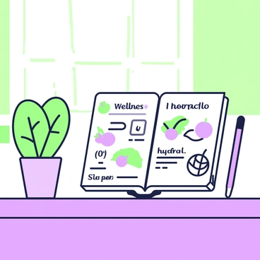 A wellness journal is open on a desk, its pages filled with notes and sketches. The journal features doodles of fruits and vegetables, alongside handwritten reminders about hydration and exercise. To the left, there is a green plant in a small pot, adding a touch of nature to the scene. Next to the journal, a pen rests, positioned as if recently used. In the background, a window allows soft light to filter in, illuminating the desk's surface and creating a warm atmosphere.