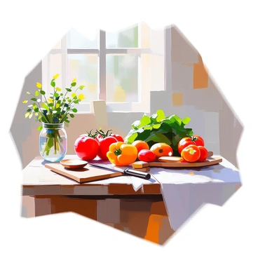 A rustic wooden kitchen table is covered with an array of fresh vegetables, including vibrant red tomatoes, leafy green spinach, and yellow bell peppers. Next to the vegetables, there are various cooking utensils such as a wooden spoon, a cutting board, and a sharp knife. The table has a textured surface, showing signs of wear and use, adding to its charm. A charming vase of herbs sits at one corner, contributing to the inviting atmosphere of meal preparation. Natural light streams in from a nearby window, illuminating the scene.