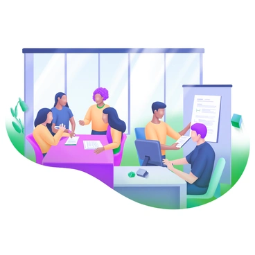 A split illustration featuring a diverse office environment. On one side, a group of women with varying hair colors and styles are gathered around a table, discussing a project. They are holding notebooks and laptops, actively sharing ideas. On the other side, a group of men is seen collaborating, with one person writing on a whiteboard, while others are seated with documents and digital devices. The office has large windows allowing natural light to fill the space, and plants are placed in the corners for a lively touch.