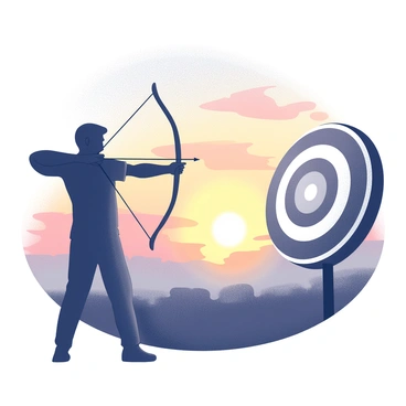 A silhouette of a person in an athletic stance, aiming a bow and arrow towards a circular bullseye target. The figure is positioned prominently in the foreground, with the bow drawn back, and the arrow aligned precisely with the target. In the background, a vibrant sunset casts a range of shapes and forms across the sky, with the sun setting low on the horizon. The scene is framed by the contrast of the dark silhouette against the radiant backdrop, creating a dynamic visual tension.