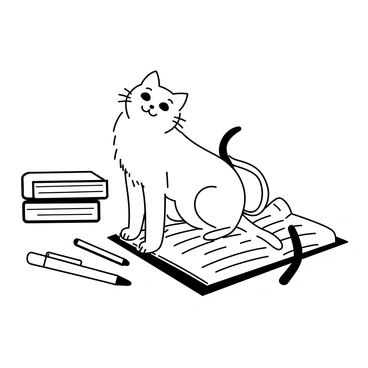A cat with a fluffy coat and bright eyes is sitting on an open notebook filled with handwritten notes and doodles. The notebook is placed on a wooden desk, and the cat has its front paws playfully resting on the pages. The cat's tail is swishing back and forth as it looks up at a nearby student, who is glancing at the cat with an amused expression. A pen lies next to the notebook, and a small stack of textbooks is visible in the background.