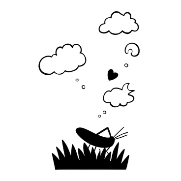 A grasshopper resting on a blade of grass, with its antennae slightly bent. Above the grasshopper, fluffy clouds drift across a clear sky. Inside the clouds, diverse shapes are formed, resembling a star, a heart, and a fish. The grasshopper appears to be gazing upward, seemingly lost in thought as it contemplates the shapes in the clouds. The scene is tranquil, with the grasshopper nestled among the green grass.
