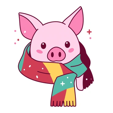 A pink pig face is peeking out from a colorful scarf wrapped snugly around its neck. The scarf features vibrant patterns of yellow, teal, and red. The pig's round cheeks are slightly flushed, and its snout is visible, adorned with tiny frost sparkles. Snowflakes are gently falling around the pig, creating a wintery atmosphere. The pig's eyes are bright and cheerful, conveying a sense of warmth amidst the chilly weather.