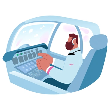 A pilot is seated in the cockpit, focused on the controls in front of him. The cockpit is filled with an array of buttons, levers, and screens displaying various flight data. The pilot is wearing a uniform with insignia and is adjusting the controls. In the background, there are multiple instruments and gauges lined up, emitting a soft glow. The cockpit's interior features a combination of sleek metal and smooth surfaces, with a panoramic view of the sky visible through the windshield.