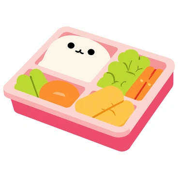 A neatly arranged bento box featuring a white rice section shaped like a cute character. There are colorful sections filled with vibrant green vegetables such as broccoli and carrots. Next to the vegetables, there are crispy golden tempura pieces placed neatly. The bento box is divided into several compartments, with a small sauce container included for dipping. The entire arrangement is visually appealing, highlighting the freshness and variety of the meal.