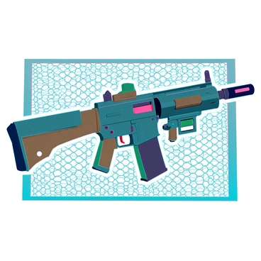 A machine gun painted in various shades of green, brown, and tan, showcasing a seamless camouflage design. It is positioned prominently with intricate details, including a textured grip and a visible ammunition belt. The backdrop consists of a camouflage net, featuring a mesh of similar colors that blend into the scene, providing a uniform military aesthetic. The overall composition emphasizes the machine gun as a functional piece of equipment against its strategic background.