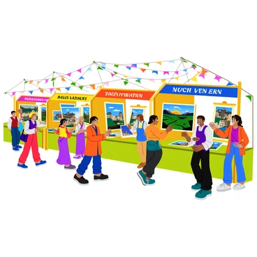 A cultural festival with booths displaying traditional illustrated art from around the world