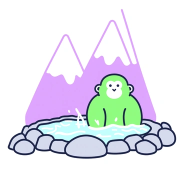 A monkey is sitting comfortably in a steaming hot spring, its fur slightly damp from the water. The hot spring is nestled in a rocky area with gentle steam rising from the surface. Surrounding the hot spring, there are tall, snow-covered mountains reaching up towards the sky, their peaks capped in white. The scene is serene, with the contrast between the warm water and the cold snow creating a captivating atmosphere. In the foreground, a few stones are partially submerged in the water, adding texture to the composition.