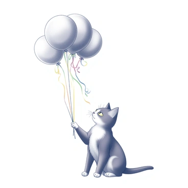 A cat is positioned on the ground, gazing curiously at a cluster of helium balloons. The balloons are tied together with colorful ribbons, which cascade downward. The cat's nose is gently touching one of the balloons as it sniffs it. The scene is filled with a sense of playful curiosity, as the balloons float just above the cat's head. The cat's fur is fluffy and detailed, capturing its alert posture and inquisitive expression.