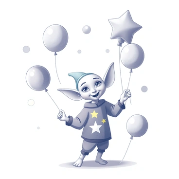 A small house-elf wearing a colorful, playful costume stands in a joyful pose. The costume features whimsical designs and patterns, enhancing the festive atmosphere. Dobby is surrounded by an array of floating balloons of various shapes and sizes, including stars and circles. The balloons are scattered around, some tied to the ground while others drift above him, adding to the celebratory scene. Dobby’s large ears are perked up in excitement, and he has a cheerful expression on his face.