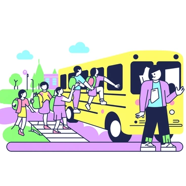 A teacher stands at the front of a yellow school bus, preparing for a field trip. The teacher is wearing a light blue shirt and dark blue pants, holding a clipboard in one hand while gesturing for the students to board. Several students, wearing brightly colored backpacks, are lined up excitedly at the entrance of the bus. Some students are climbing the steps, while others are chatting among themselves. The bus is parked in a school yard, with a few trees and a playground visible in the background. The sky is clear, indicating a nice day for the trip.