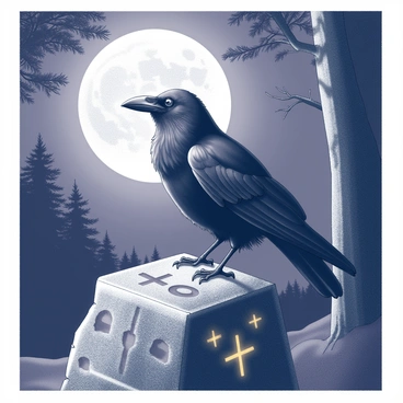 A raven is perched on an ancient stone that is covered in intricate carvings. The stone has glowing runes that emit a soft light, illuminating the raven's feathers. The full moon hangs prominently in the night sky, casting shadows across the landscape. The scene is set in a dark forest, with trees partially silhouetted against the moonlight. The raven's eyes are sharp and observant, as it looks out over the surroundings from its vantage point.