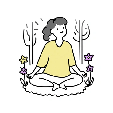 A person, dressed in comfortable, light-colored clothing, is sitting cross-legged on a soft patch of grass in a forest. Sunlight filters through the canopy of tall trees, casting gentle light patterns on the ground. Around the person, various flowers in shades of purple and yellow are blooming. The scene conveys a sense of tranquility, enhanced by the natural elements surrounding the figure.