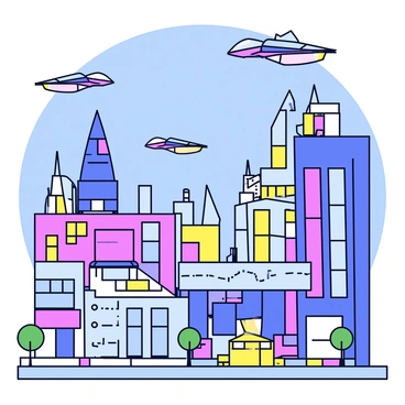 A vibrant cityscape with futuristic buildings and flying cars